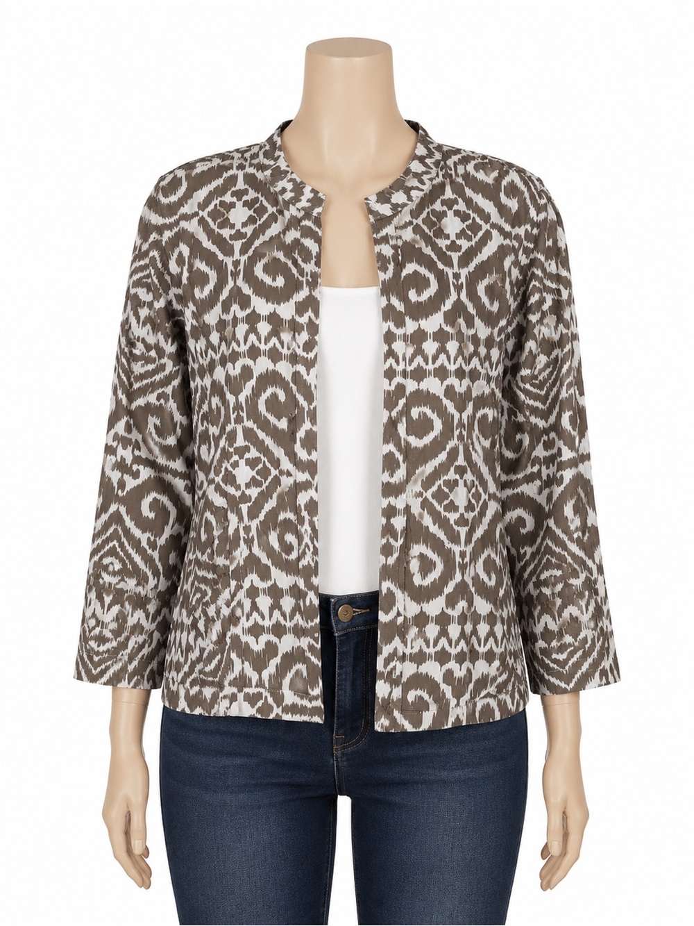 Chico's Size 3 Ikat Jacket Brown White Cotton Metallic Chore Coat XL 16